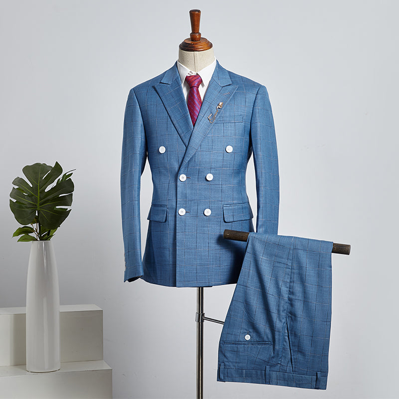 
                  
                    Cash Trendy Blue Plaid Peaked Lapel Double Breasted Custom Business Suit
                  
                