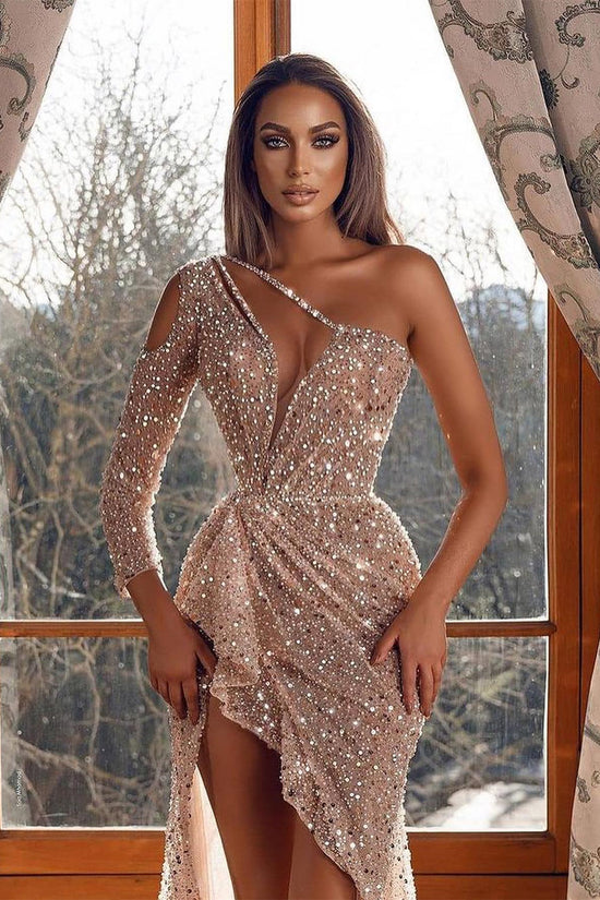 Stunning One Shoulder Mermaid Sequin Slit Prom Dress with Beaded Long Sleeve