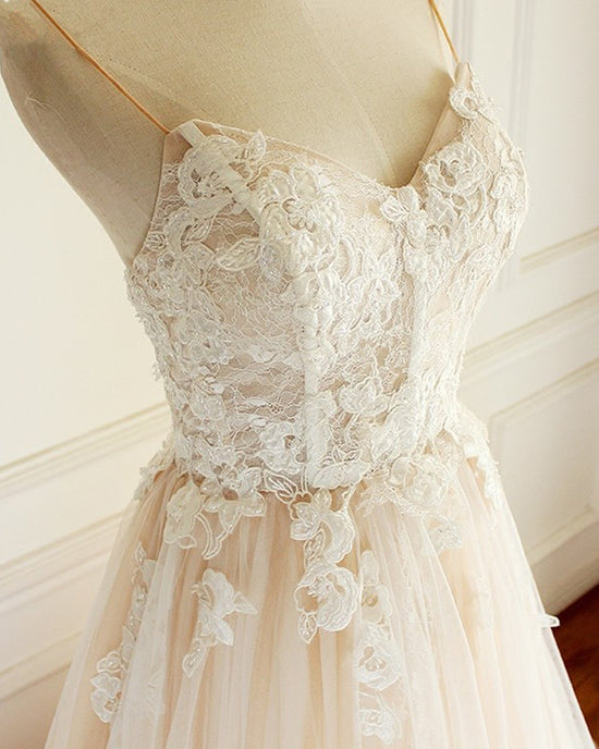 Charger l&amp;#39;image dans la galerie, Champagne Long A-line Sweetheart Tulle Spaghetti Sweep Train Wedding Dress-BIZTUNNEL
