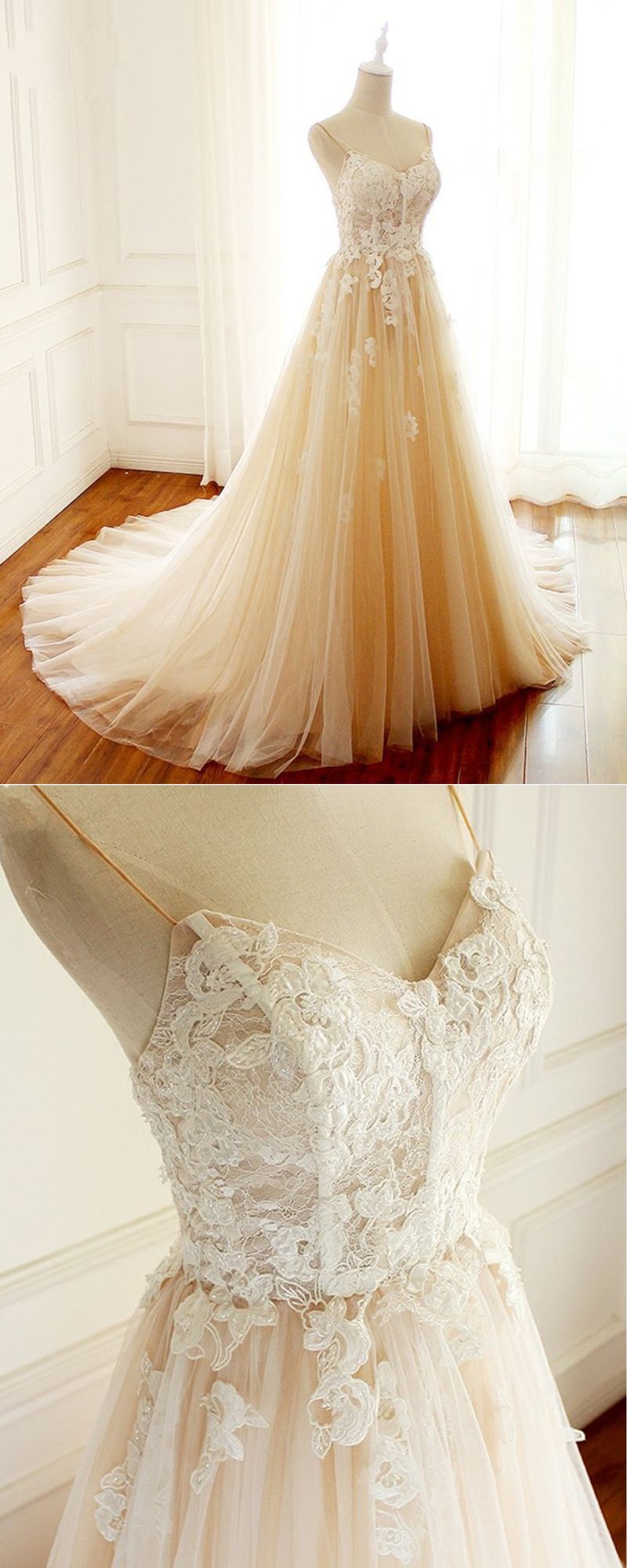 Charger l&amp;#39;image dans la galerie, Champagne Long A-line Sweetheart Tulle Spaghetti Sweep Train Wedding Dress-BIZTUNNEL
