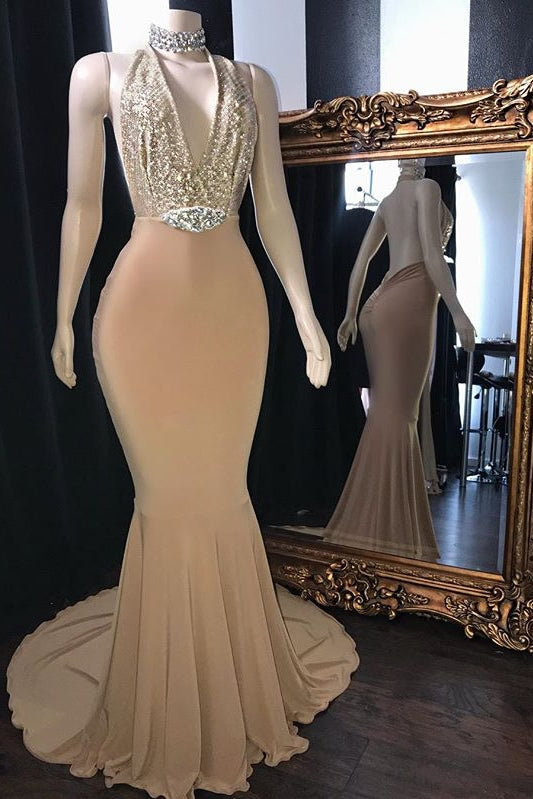 Champagne Long Halter Mermaid Prom Dresses Sexy V-Neck Backless Evening Gowns-BIZTUNNEL