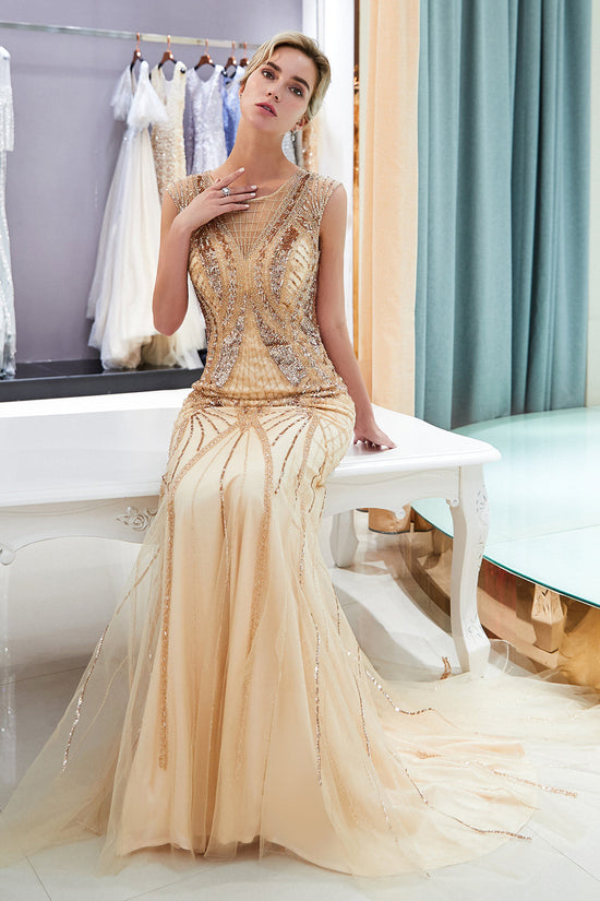 Cargar imagen en el visor de la Galería, Champagne Long Mermaid Jewel Beading Sequins Evening Dresses-BIZTUNNEL
