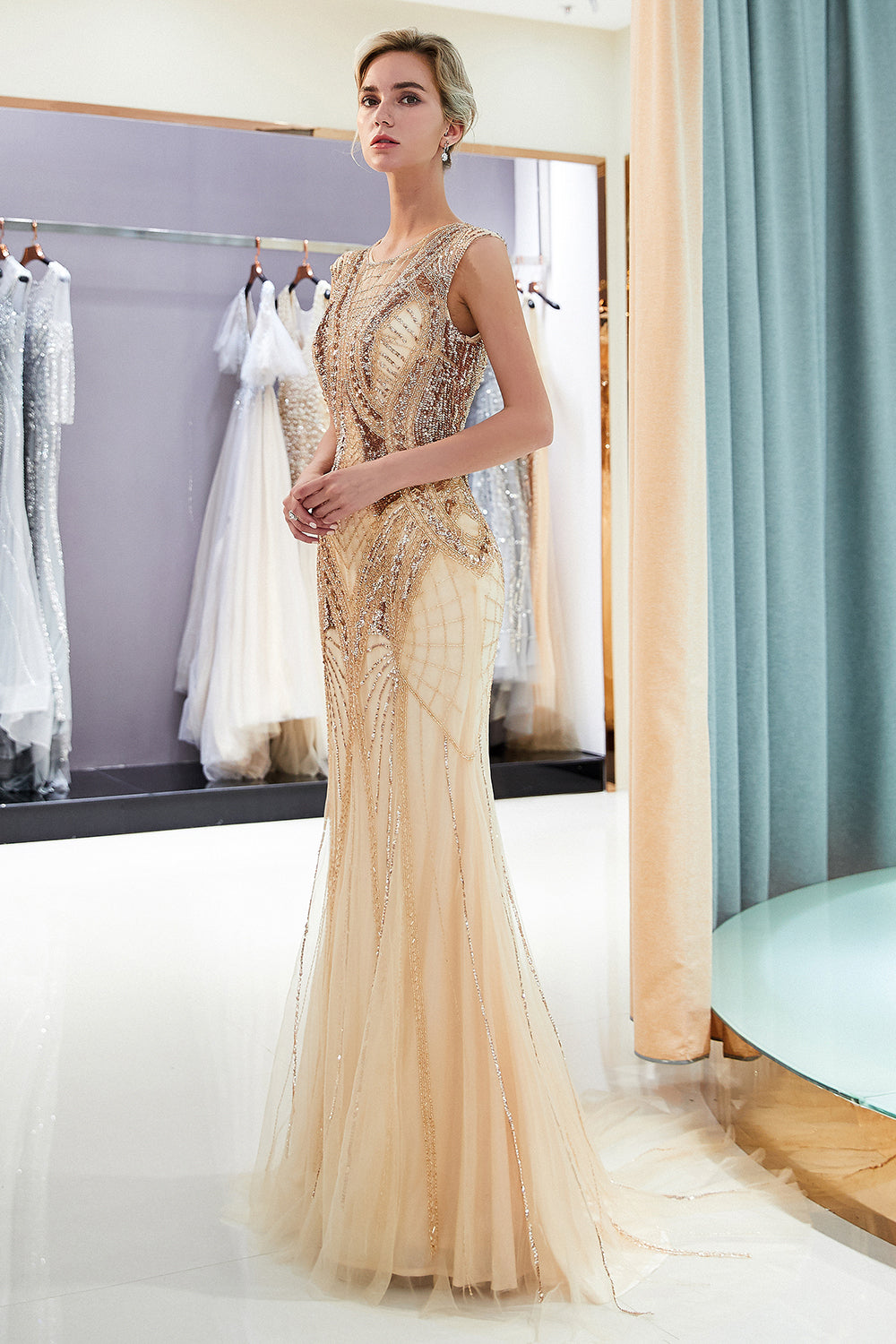 Carregar imagem no visualizador da galeria, Champagne Long Mermaid Jewel Beading Sequins Evening Dresses-BIZTUNNEL
