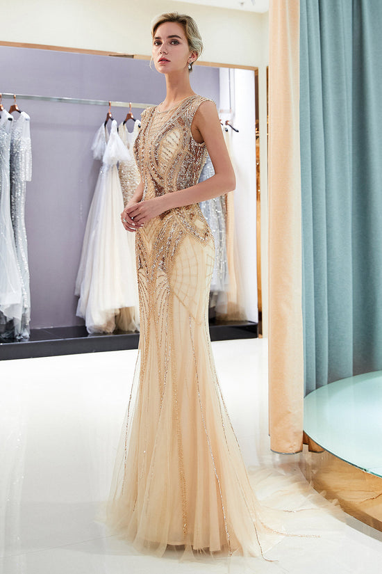 Cargar imagen en el visor de la Galería, Champagne Long Mermaid Jewel Beading Sequins Evening Dresses-BIZTUNNEL
