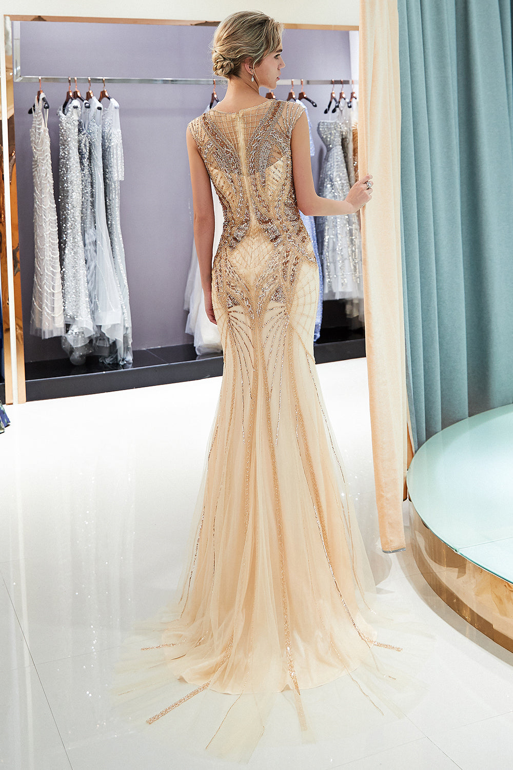 Champagne Long Mermaid Jewel Beading Sequins Evening Dresses-BIZTUNNEL