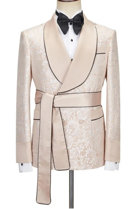 Sebastian Bespoke Champagne Shawl Lapel Double Breasted Jacquard Wedding Suits