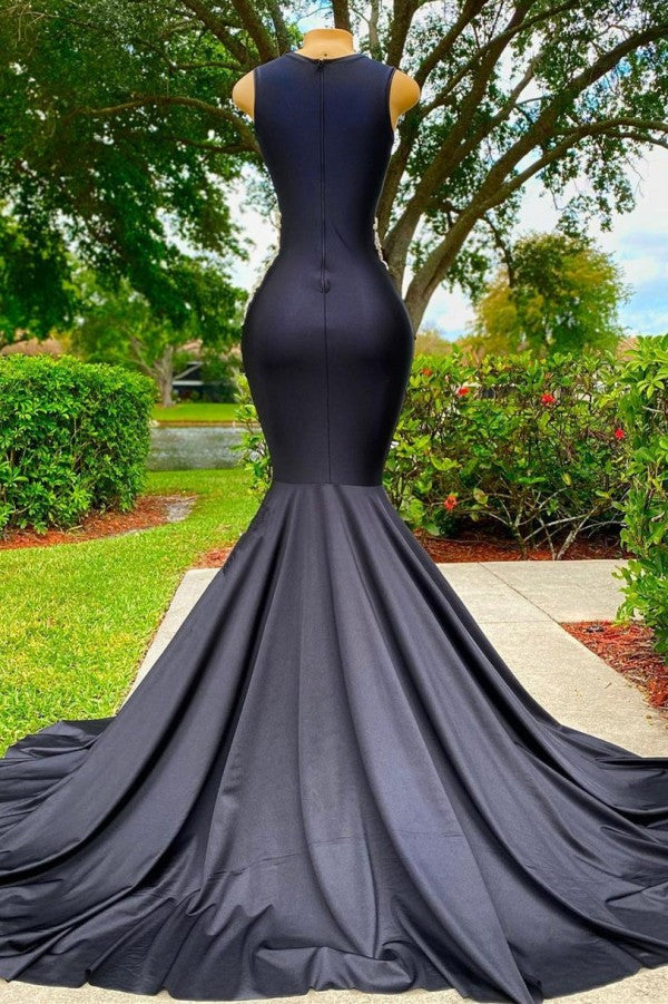 Charming Black Long Mermadi Jewel Satin Tulle Lace Appliques Prom Dress-BIZTUNNEL