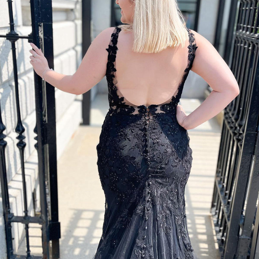 Charming Black Long Mermaid V-neck Lace Tulle Open Back Prom Dress Charming Black Long Mermaid V-neck Lace Tulle Open Back Prom Dress