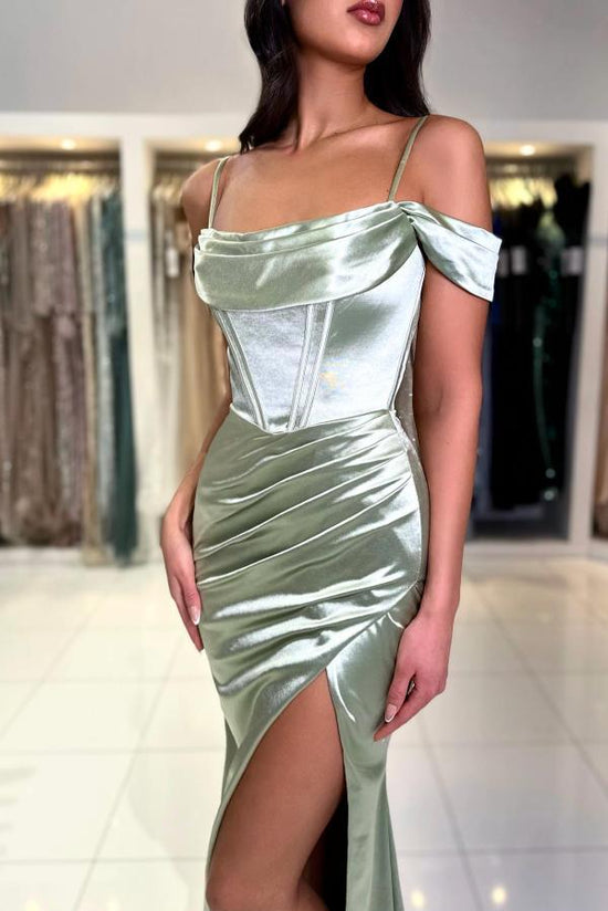 Fabulous Floor Length Off-The-Shoulder Mermaid Satin Prom Dress with Split