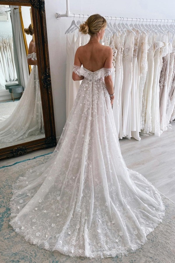 Charming Long A-line Off-The-Shoulder Sleeveless Lace Wedding Dress with Court Train-BIZTUNNEL