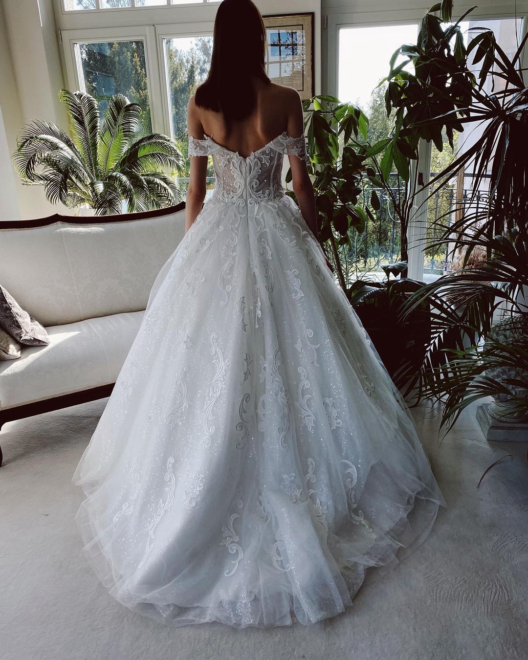 Charming Long A-line Off-the-shoulder Tulle Wedding Dress with Glitter ...