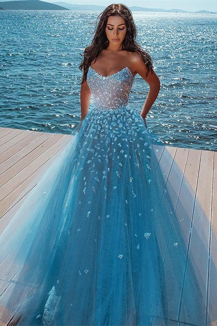 Charming Long A-Line Strapless Lace Tulle Prom Dress-BIZTUNNEL
