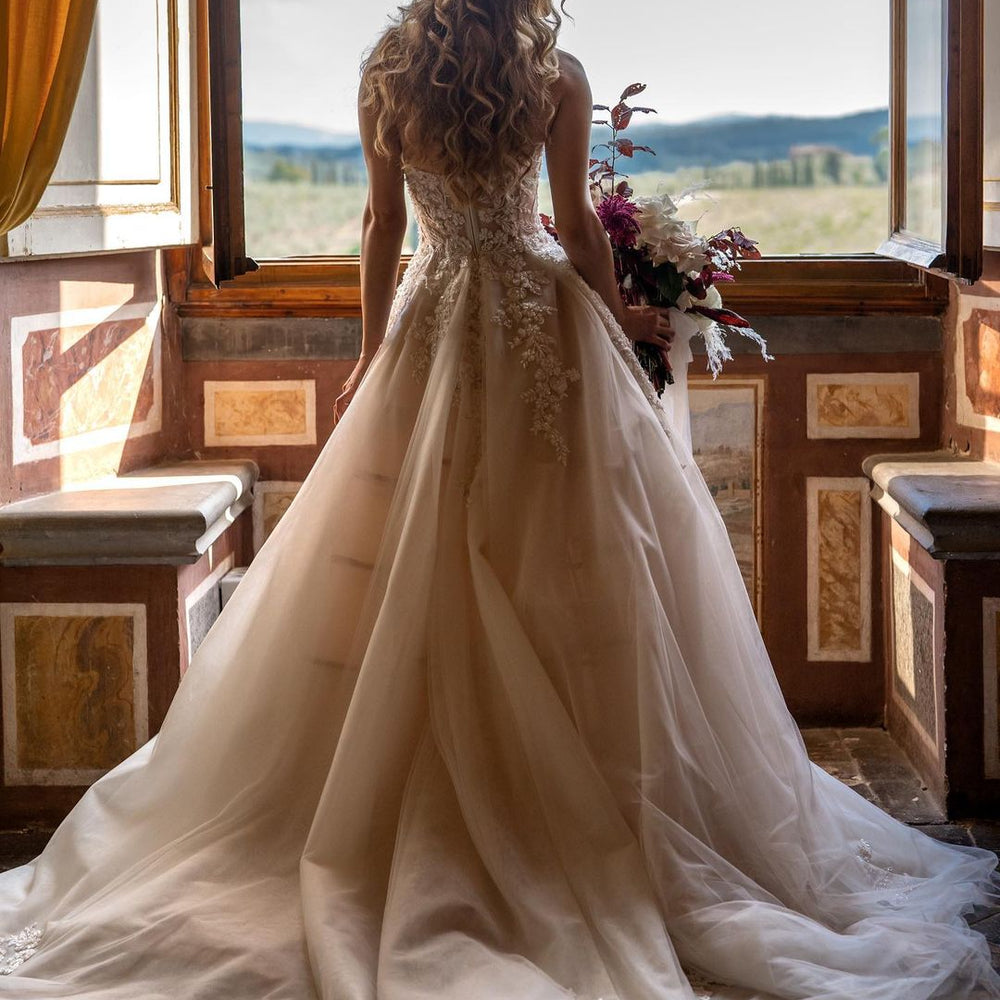 Charming Long A-Line Sweetheart Backless Train Tulle Floral Lace Wedding Dress Charming Long A-Line Sweetheart Backless Train Tulle Floral Lace Wedding Dress