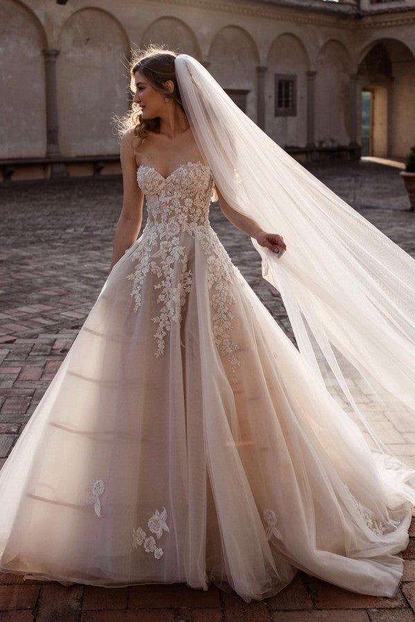 Tulle Lace A Line Long Sleeves Backless Bridal Dresses, Wedding Gown, PW300 main image 0