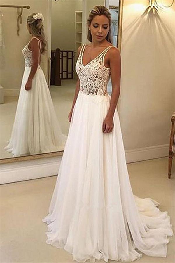 Charming Long A-Line V-Neck Appliques Lace Backless Wedding Dresses-BIZTUNNEL