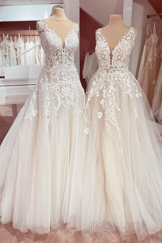 Charming Long A-Line V-neck Appliques Lace Tulle Wedding Dress-BIZTUNNEL