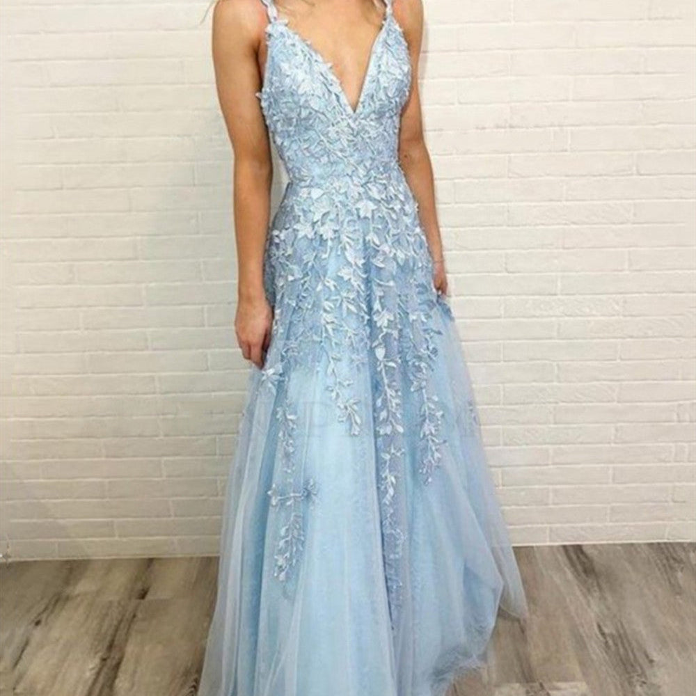 
                  
                    Charming Long A-Line V-neck Spaghetti Straps Tulle Open Back Prom Dress-BIZTUNNEL
                  
                