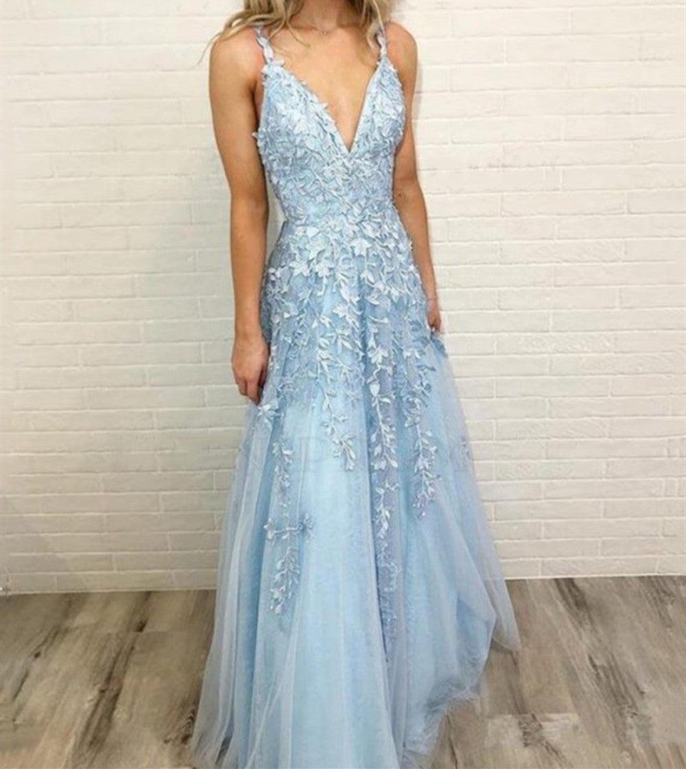 Load image into Gallery viewer, Charming Long A-Line V-neck Spaghetti Straps Tulle Open Back Prom Dress-BIZTUNNEL

