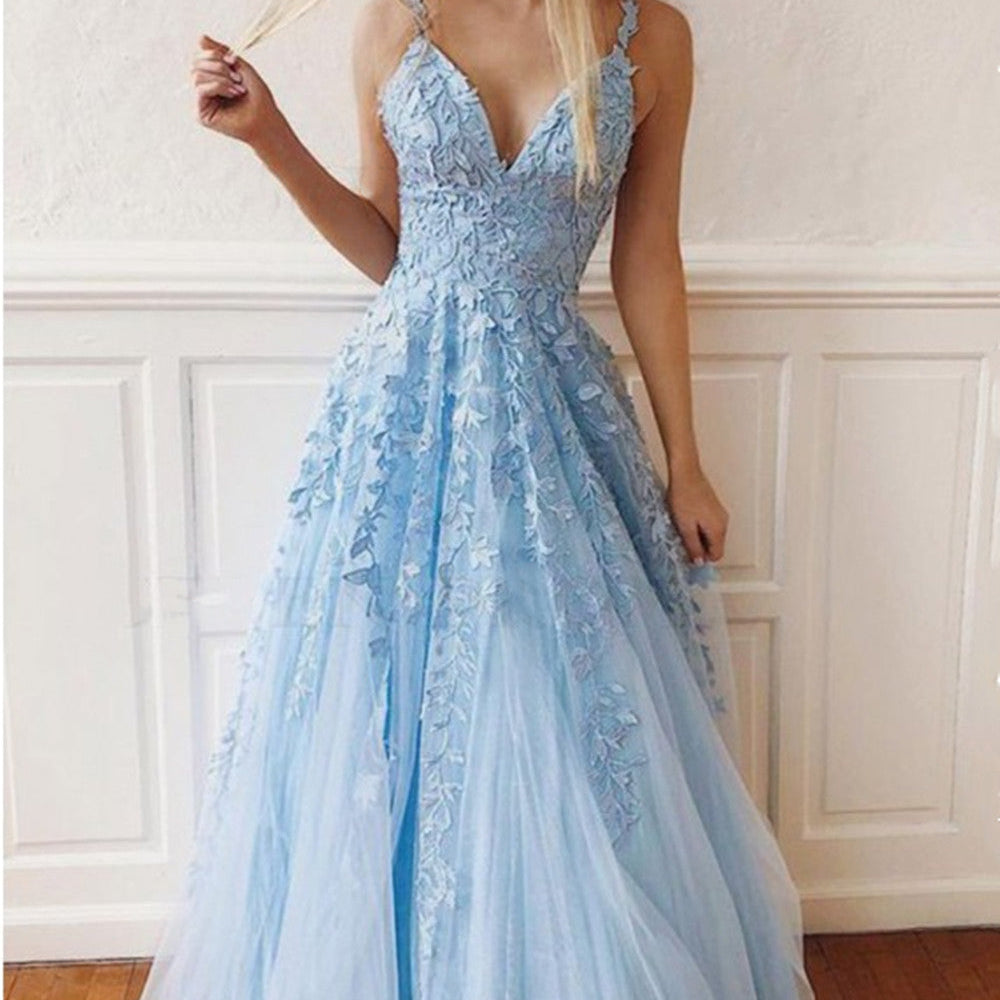 
                  
                    Charming Long A-Line V-neck Spaghetti Straps Tulle Open Back Prom Dress-BIZTUNNEL
                  
                