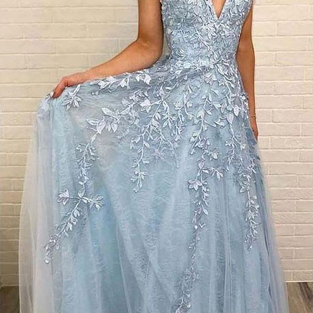
                  
                    Charming Long A-Line V-neck Spaghetti Straps Tulle Open Back Prom Dress-BIZTUNNEL
                  
                
