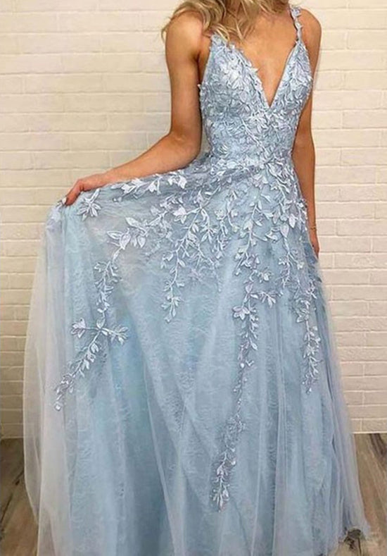 Load image into Gallery viewer, Charming Long A-Line V-neck Spaghetti Straps Tulle Open Back Prom Dress-BIZTUNNEL
