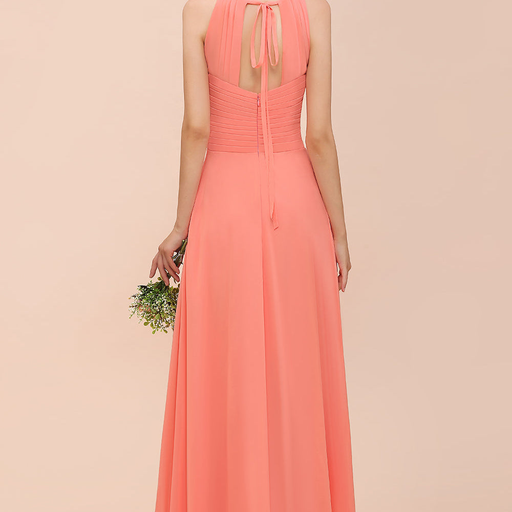 Charming Long Chiffon A-Line Halter Coral Bridesmaid Dresses Charming Long Chiffon A-Line Halter Coral Bridesmaid Dresses