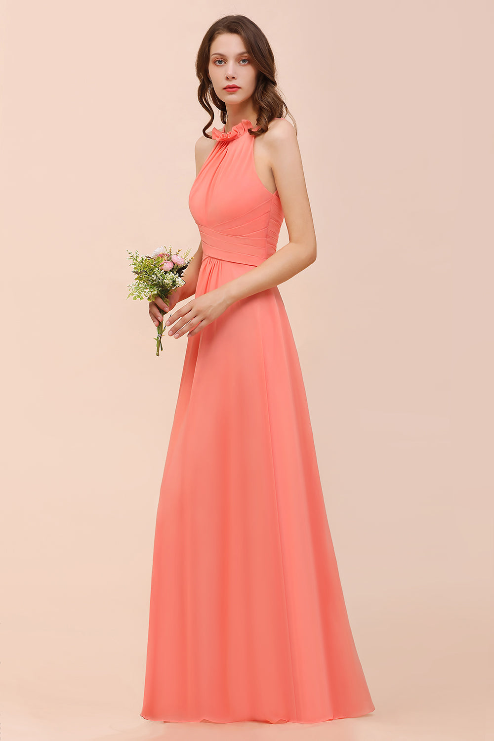 Load image into Gallery viewer, Charming Long Chiffon A-Line Halter Coral Bridesmaid Dresses-BIZTUNNEL
