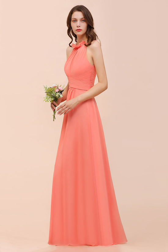 Charming Long Chiffon A-Line Halter Coral Bridesmaid Dresses-BIZTUNNEL
