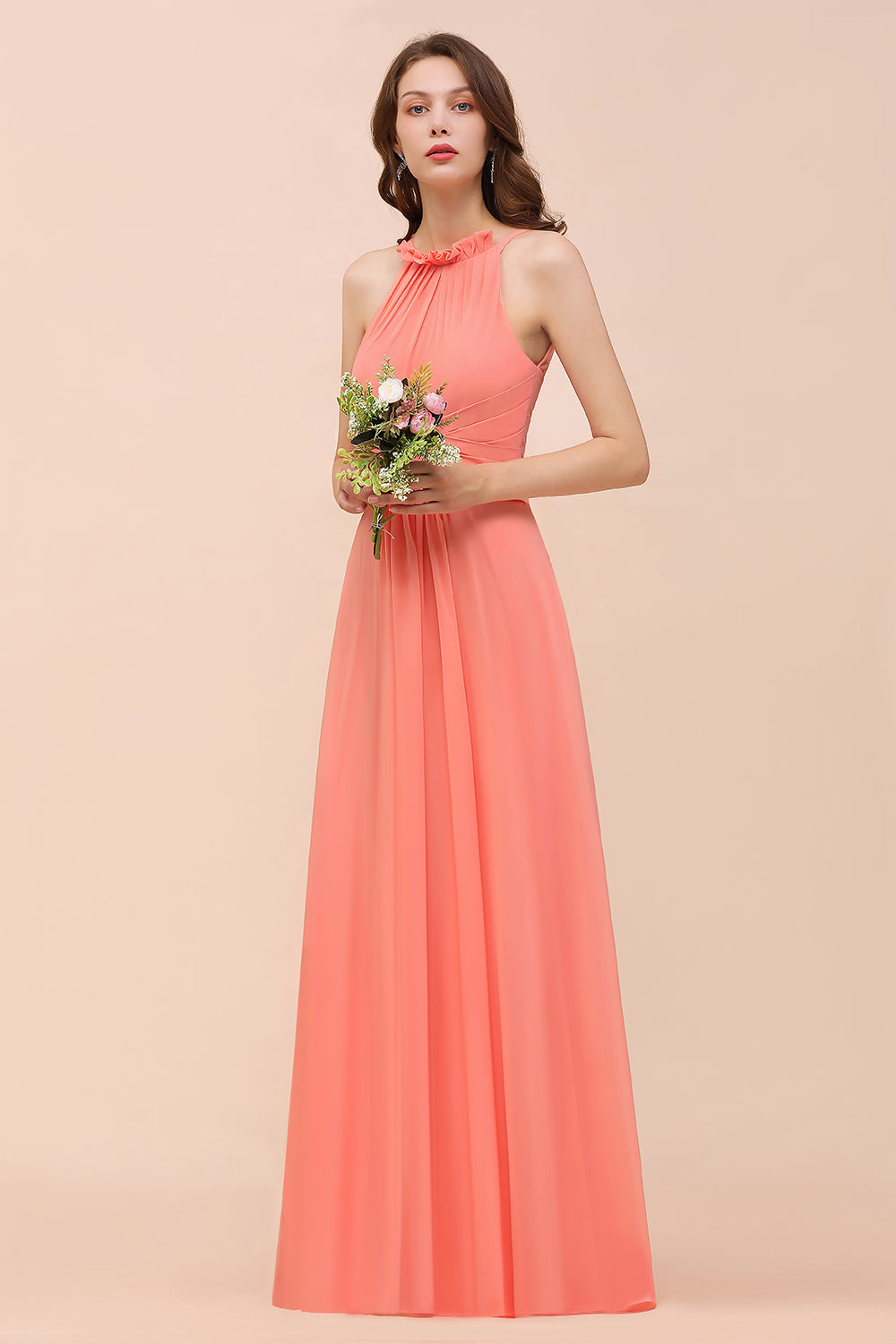 coral maid of honor dress Charming Long Chiffon A-Line Halter Coral Bridesmaid Dresses – BIZTUNNEL