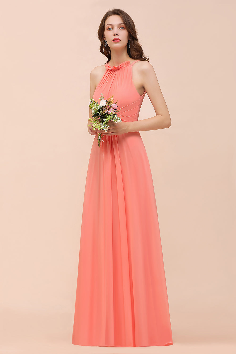 Charming Long Chiffon A-Line Halter Coral Bridesmaid Dresses-BIZTUNNEL