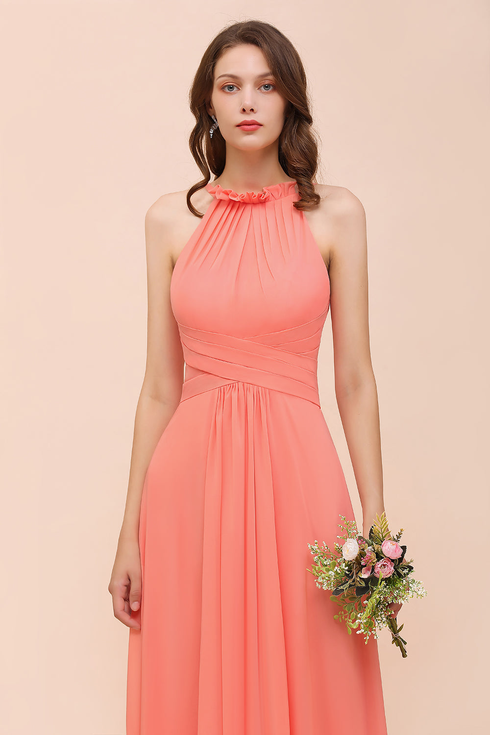 Charming Long Chiffon A-Line Halter Coral Bridesmaid Dresses Charming Long Chiffon A-Line Halter Coral Bridesmaid Dresses