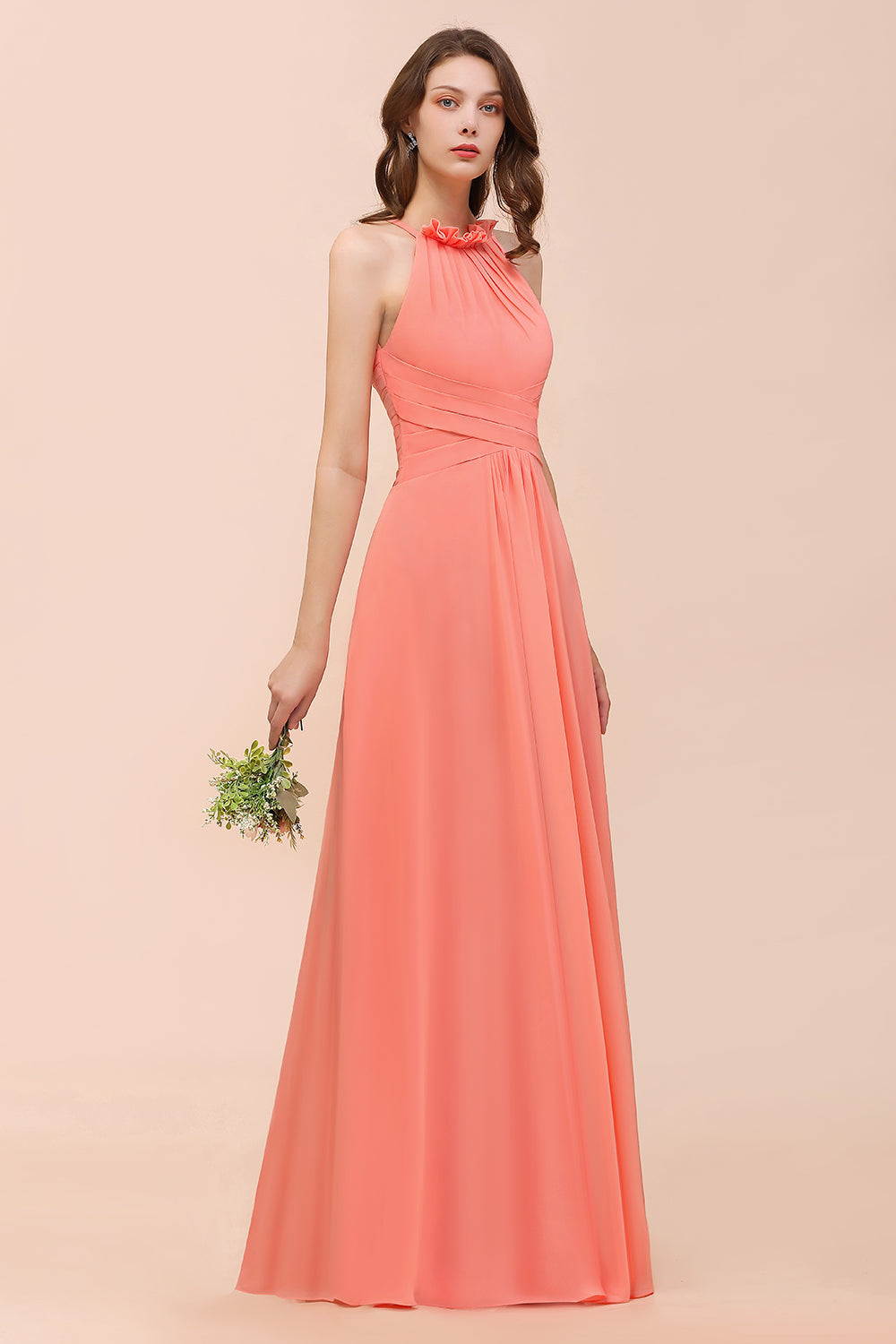 coral bridesmaid dress Charming Long Chiffon A-Line Halter Coral Bridesmaid Dresses – BIZTUNNEL