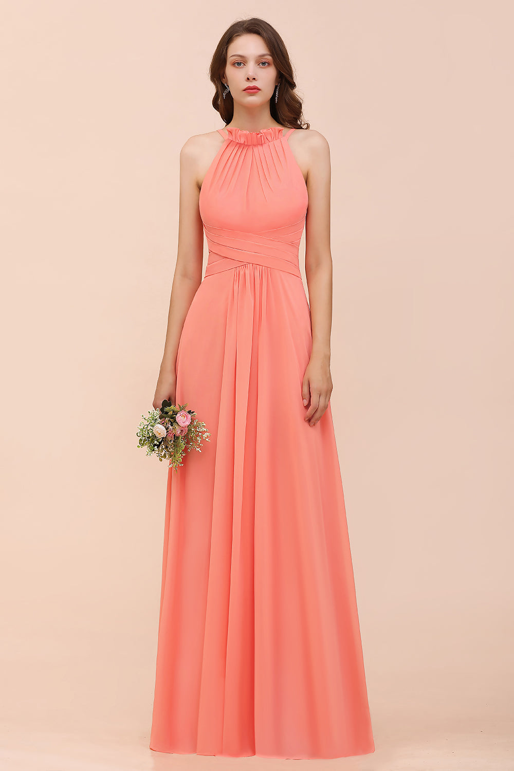 Load image into Gallery viewer, Charming Long Chiffon A-Line Halter Coral Bridesmaid Dresses-BIZTUNNEL
