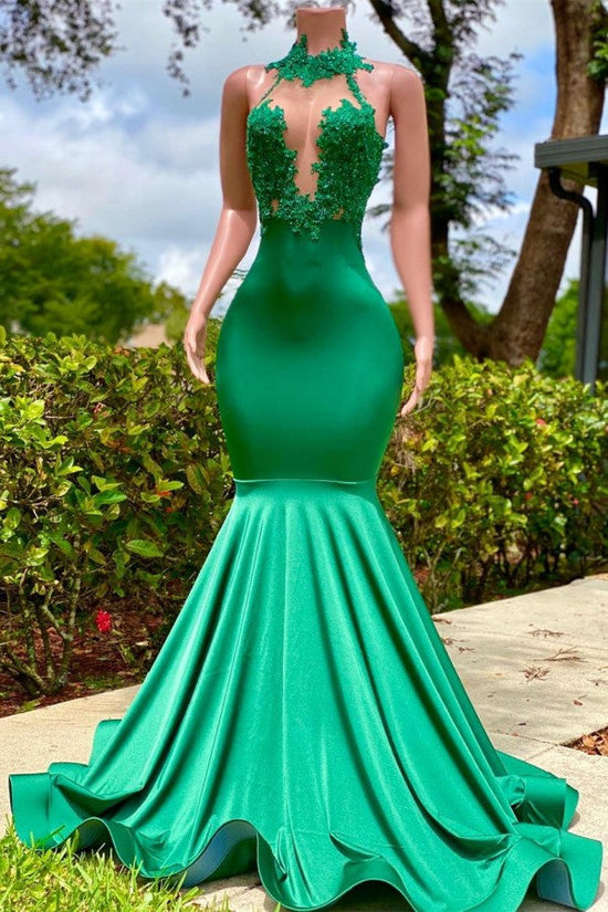 Charming Long Mermaid Halter Stretch Satin Lace Backless Prom Dress-BIZTUNNEL