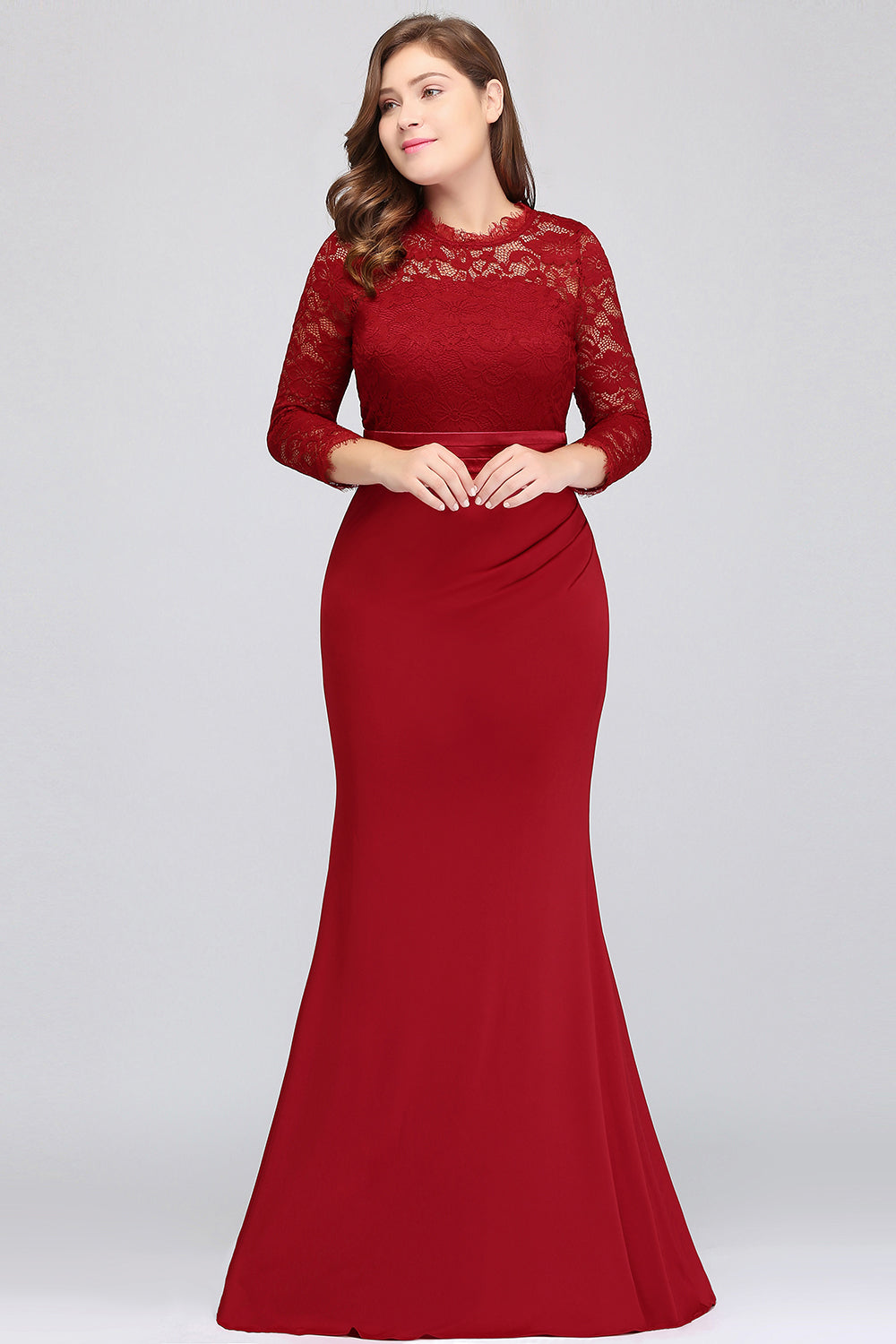 Charming Plus Sizes Long Lace Mermaid Bridesmaid Dress with Sleeves-BIZTUNNEL