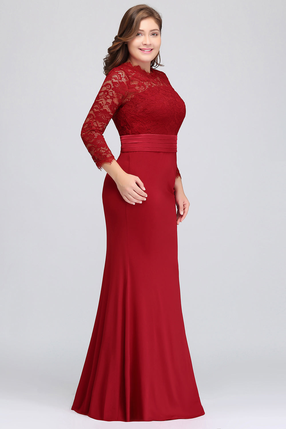 Charming Plus Sizes Long Lace Mermaid Bridesmaid Dress with Sleeves-BIZTUNNEL