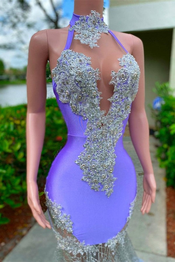 Charming Purple Long Mermaid Halter Satin Tulle Prom Dress-BIZTUNNEL