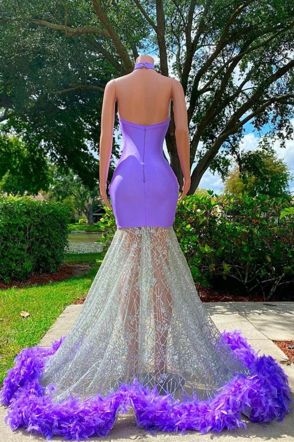Charming Purple Long Mermaid Halter Satin Tulle Prom Dress-BIZTUNNEL