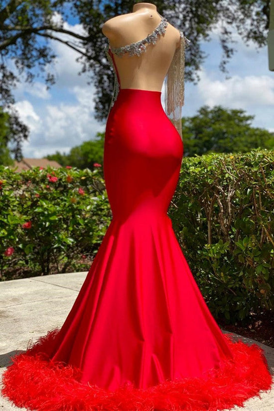 Charming Red Long Mermaid Tassel One Shoulder Satin Backless Prom Dress-BIZTUNNEL