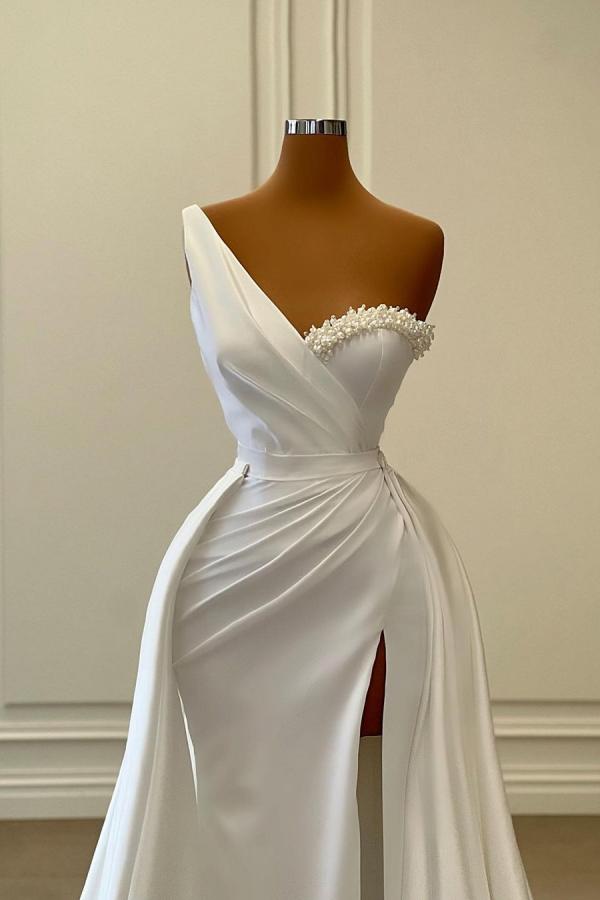 Charming White Long Mermaid One Shoulder Satin Beading Formal Prom Dresses-BIZTUNNEL