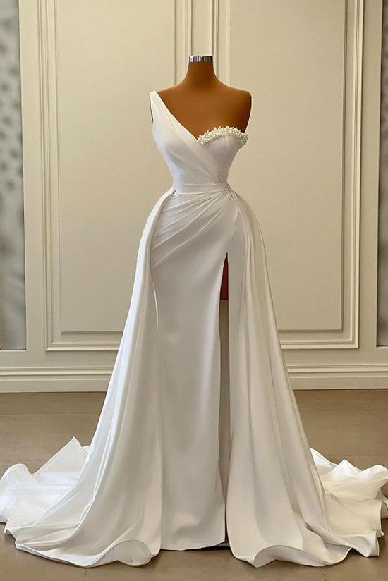 Load image into Gallery viewer, Charming White Long Mermaid One Shoulder Satin Beading Formal Prom Dresses-BIZTUNNEL
