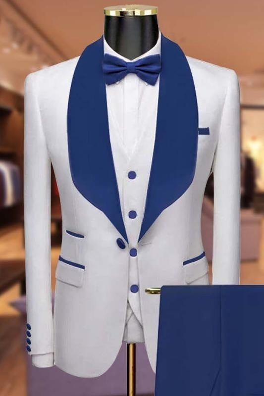 Chester Chic White Three Pieces Wedding Suits With Blue Lapel