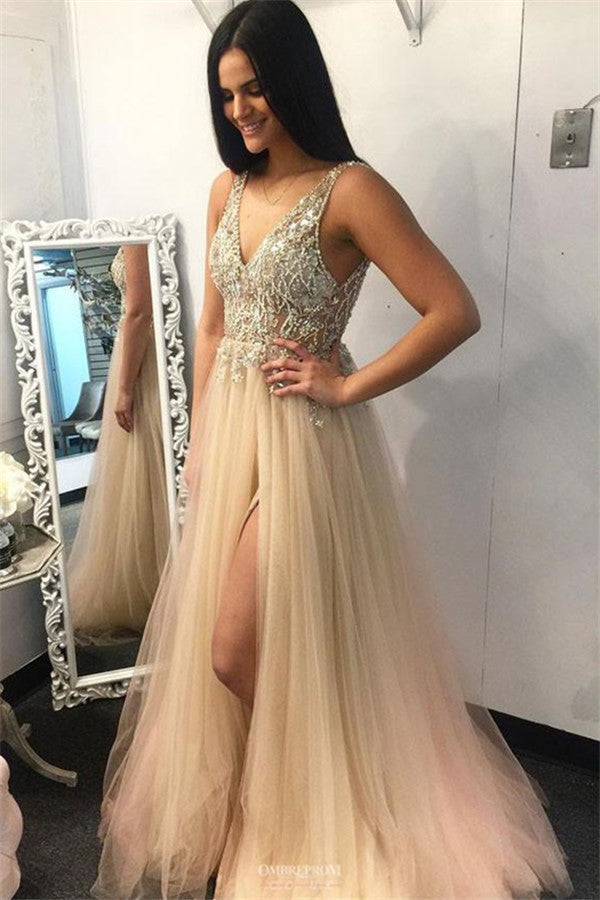 Chic A-line V-neck Appliques Beading Backless Long Prom Dress with Slit-BIZTUNNEL