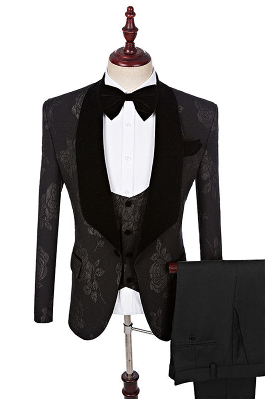 Darcy Chic Black Jacquard Three Pieces Shawl Lapel Men Wedding Suits
