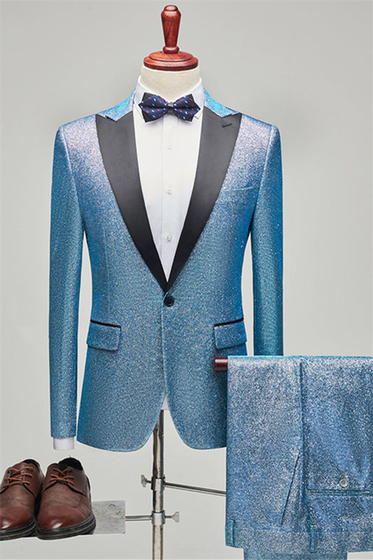 Owen Chic Blue Sequins Peaked Lapel Two Pieces Prom Suits