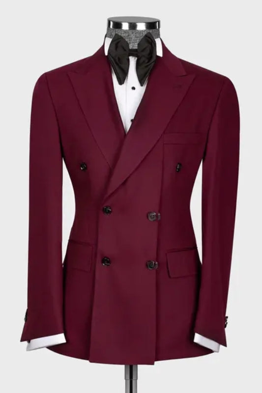 Aiden Chic Burgundy Peaked Lapel Double Breasted Prom Suits