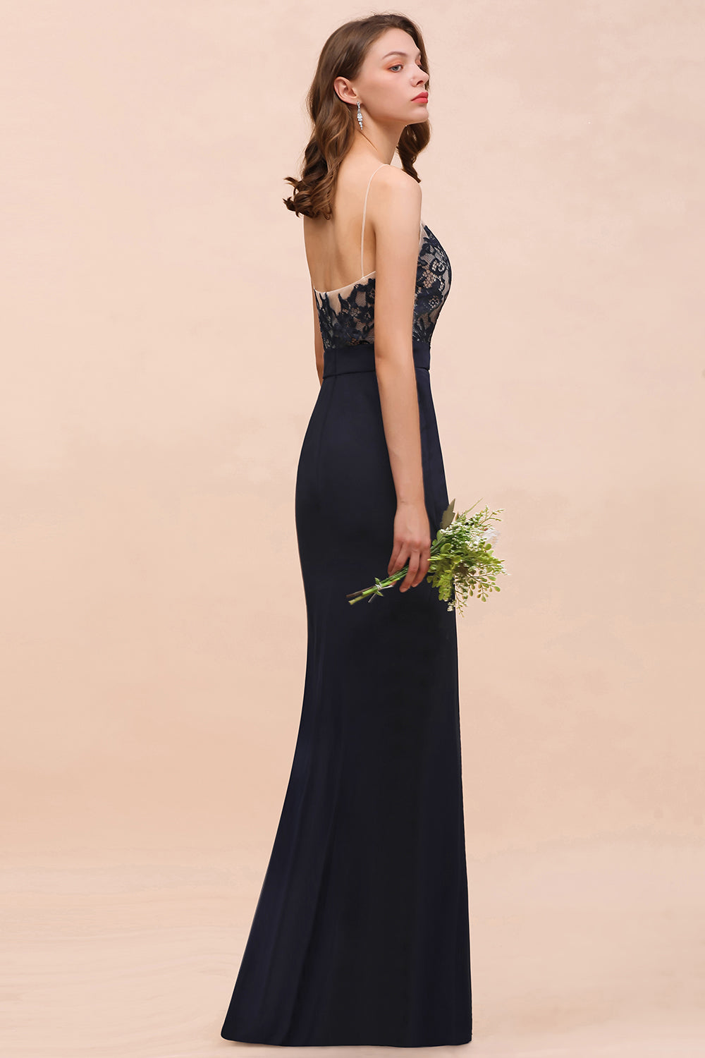 Load image into Gallery viewer, Chic Dark Navy Long Mermaid Spaghetti Straps Bridesmaid Dress with Lace-BIZTUNNEL
