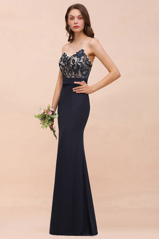 Load image into Gallery viewer, Chic Dark Navy Long Mermaid Spaghetti Straps Bridesmaid Dress with Lace-BIZTUNNEL

