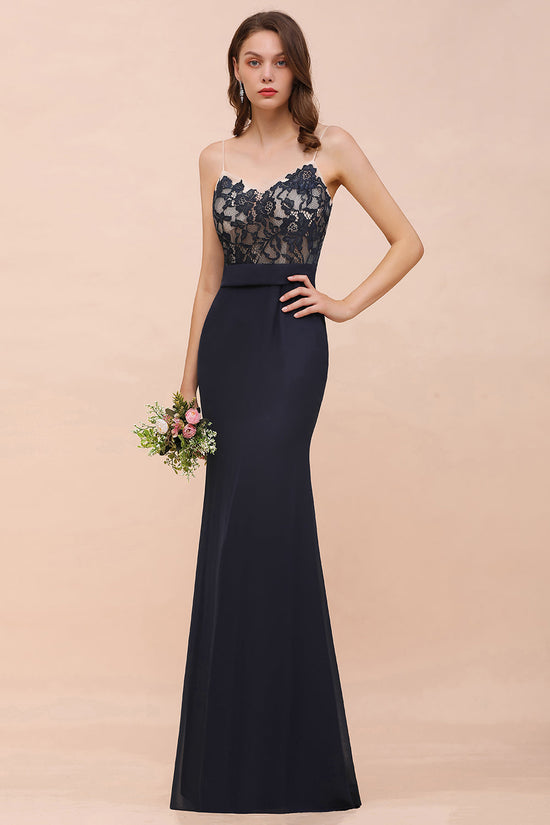 Charger l&amp;#39;image dans la galerie, Chic Dark Navy Long Mermaid Spaghetti Straps Bridesmaid Dress with Lace-BIZTUNNEL
