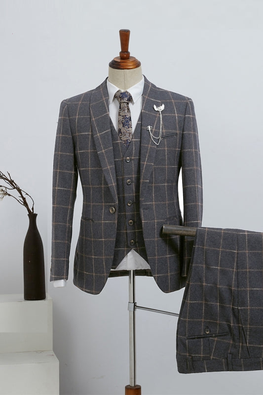 Harian Chic Gray Shawl Lapel Three Pieces Plaid Suits For Prom